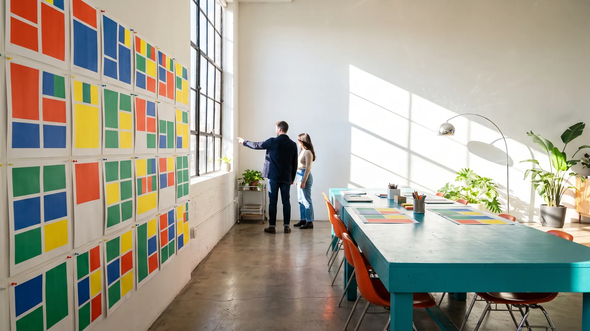 A wide, sunlit studio table seen from above: a laptop showing a website layout in progress, printed page proofs, a colour swatch fan and two mugs, with the hands of two people mid-conversation in frame.