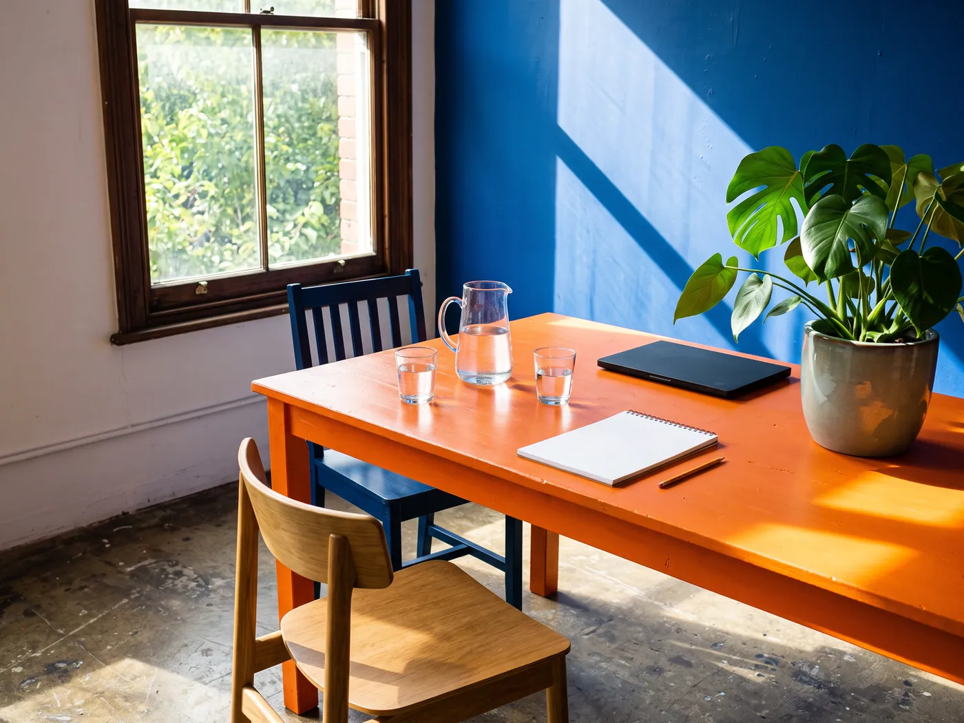 Two people mid-conversation across a small table by a window, a closed laptop between them and an open notebook beside it, the mood relaxed rather than formal.