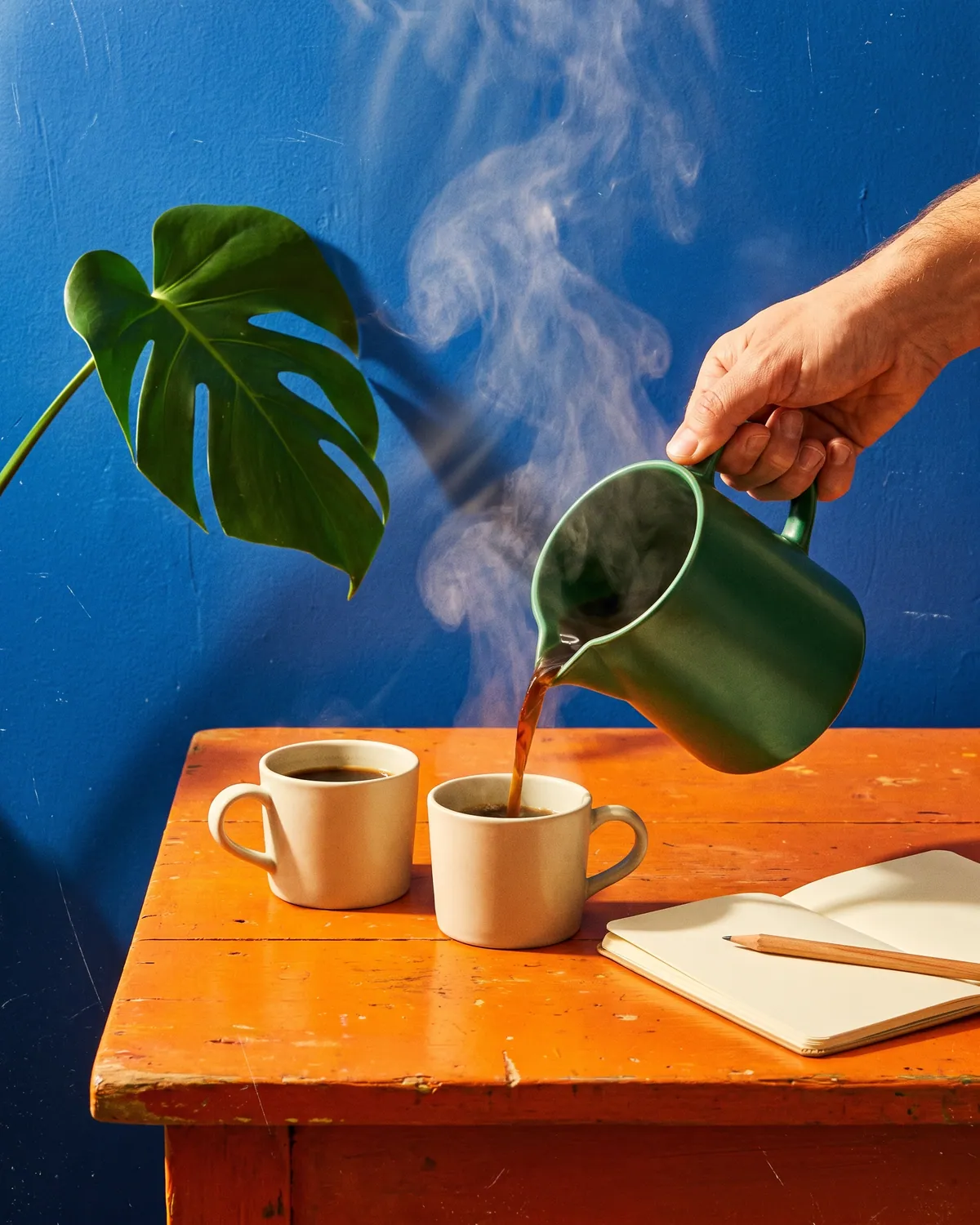 Coffee poured from a dark green jug into two mugs on an orange table, a notebook and pencil beside them against a deep blue wall.