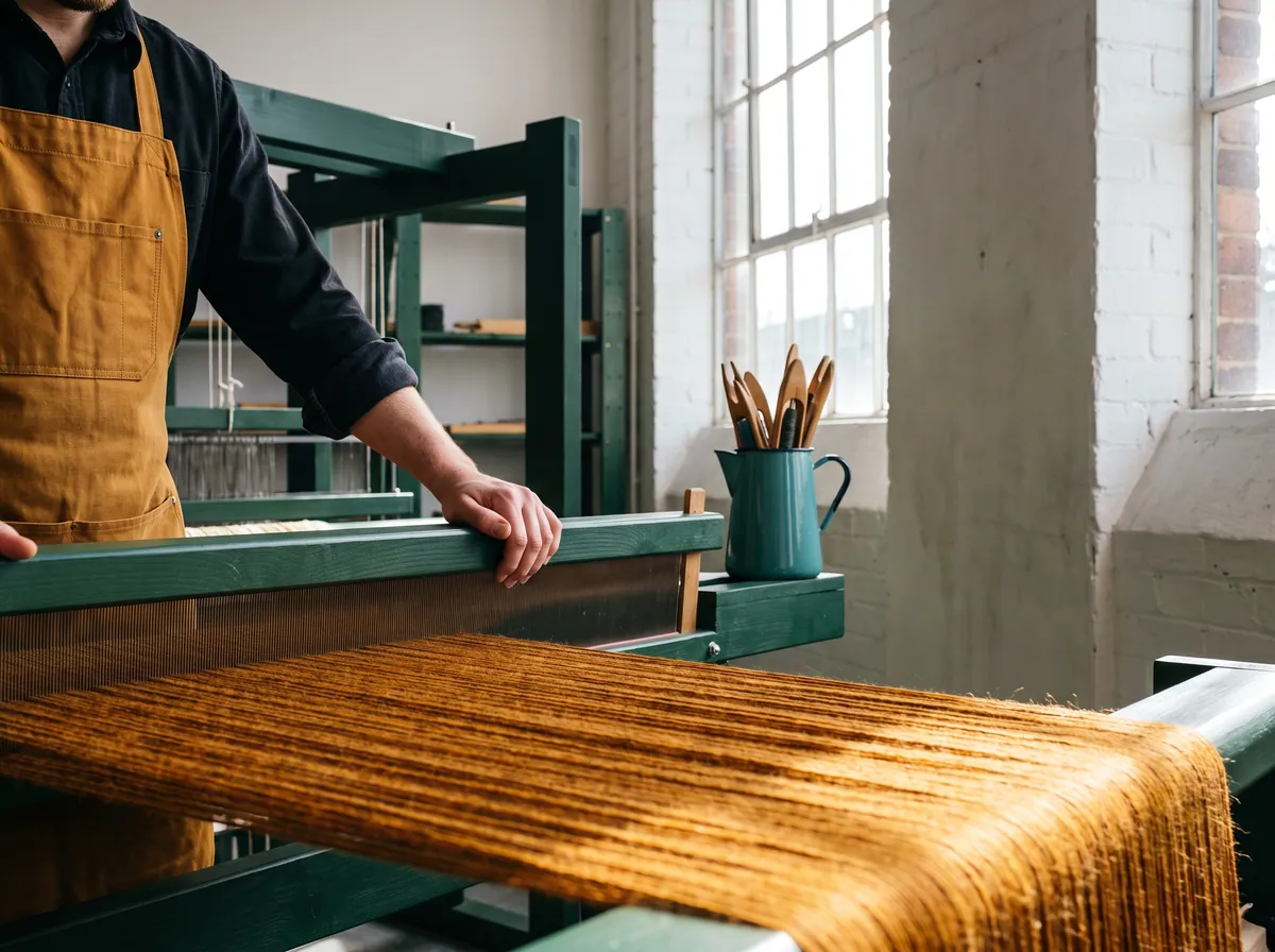A person in an ochre apron stands at a green wooden loom, hand on the beam, gold warp threads running toward the camera.