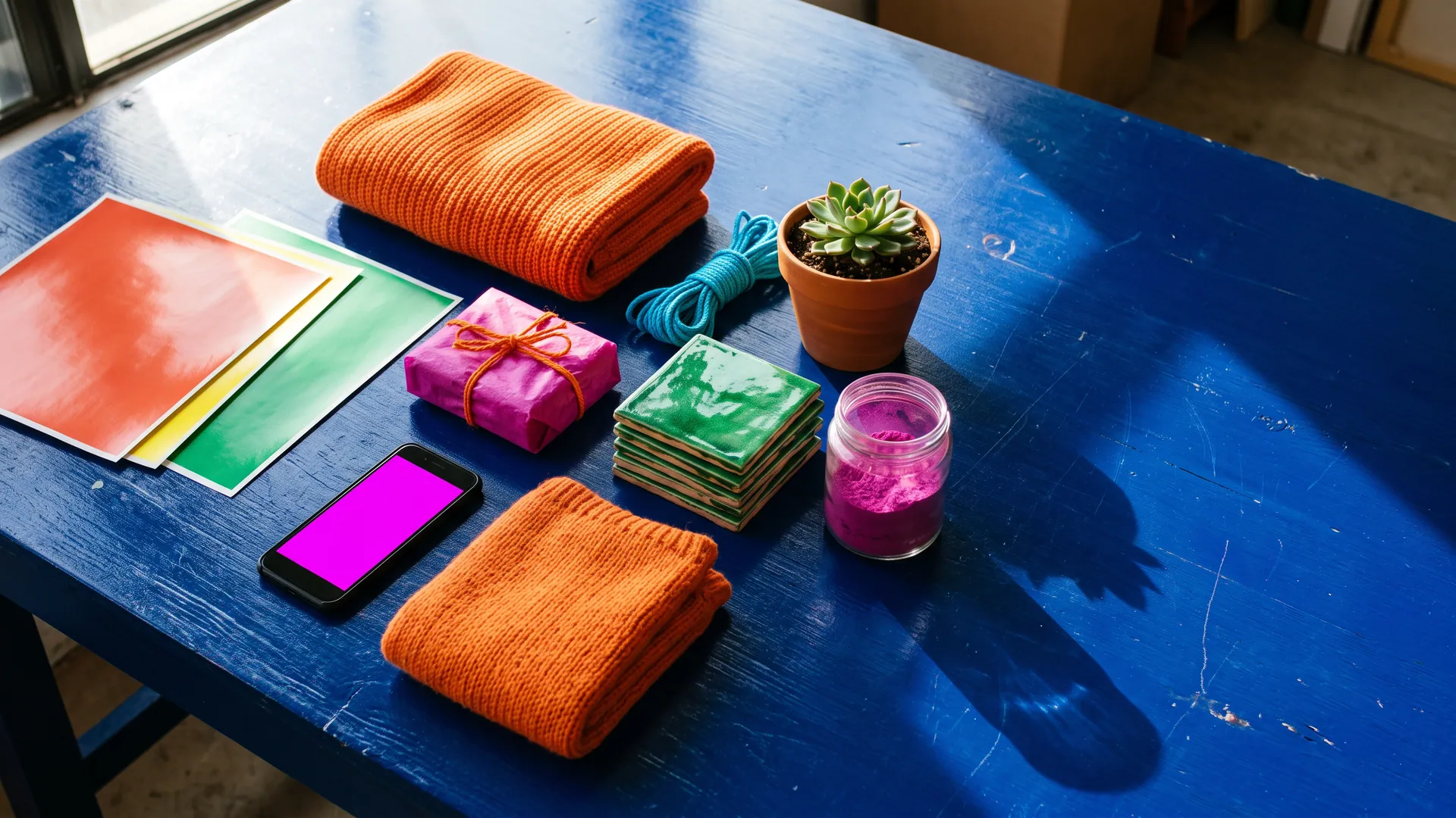 Overhead photograph of a work table laid out with folded orange textiles, printed colour cards, glazed tiles, a potted succulent and a phone: the raw material of all six services in one frame.
