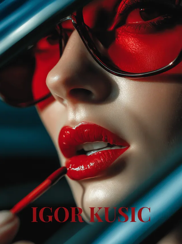 Igor Kusic key visual: a cinematic close-up of a model in red sunglasses applying glossy red lipstick, with the IGOR KUSIC wordmark below.