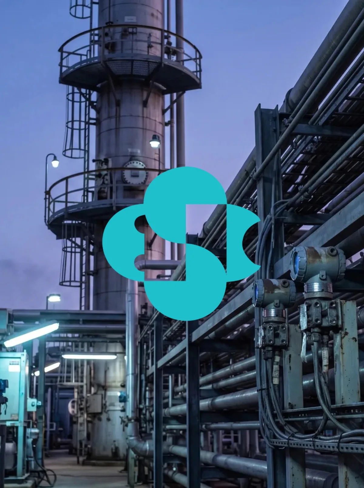 Imagen principal de SIMSAN: una planta industrial al anochecer, una columna de acero y estructuras de tuberías iluminadas desde abajo, con el símbolo turquesa de SIMSAN en el centro.